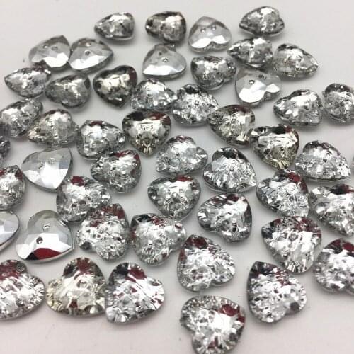 200pcs 15mm Shiny Clear Acrylic Heart Buttons Sewing Accessories 2 Holes With Silver Plated Button For Scrapbooking