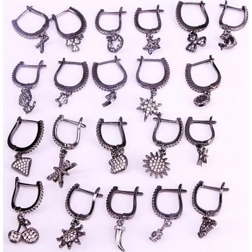 6Pairs, Star Moon Hand Flower Cross Heart Dangle Earrings Metalblack Color CZ Micro Pave Luxury Earring For Wedding Party Gift