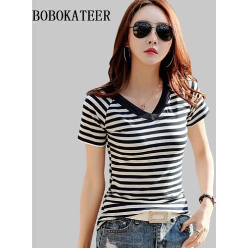 BOBOKATEER short sleeve t shirt women tshirt summer 2020 striped t-shirt cotton t shirts women tops plus size tee shirt femme