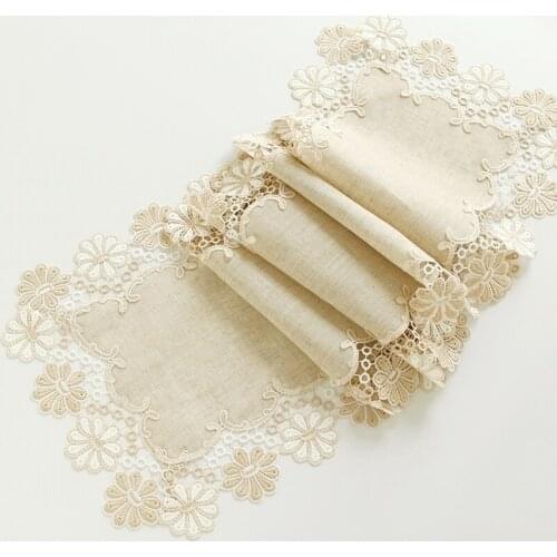European Fashion Beige Water Soluble Lace Trim Cotton Table Runner Flag Mat Banquet Party Hotel Villa Luxury Simple Decor Slub