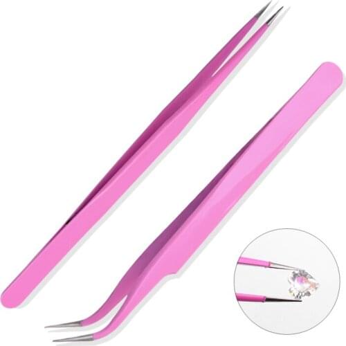 Rhinestone Picking Tool Eyelash Curved Tip Nippers Tweezer Pink Curved Nail Tool Beauty Eye Makeup