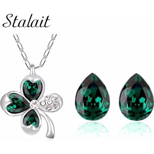 Small Water Drop Crystal Stud Earrings Clover Pendant Necklace Jewelry Set Full Rhinestones For Women Bridal Wedding Gift