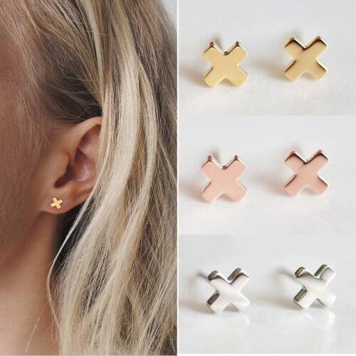 Trendy MinimalistStainless Steel Mini Small X-shaped Glossy Stud Earrings for Women Student Teen Jewelry Gift