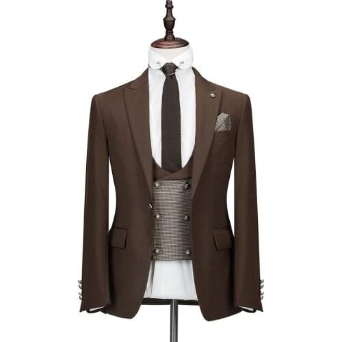 2021 Formal Brown Slim Fit Jacket Men Wedding Groom Suits Houndstooth Vest Pant Prom Tuxedo Gentleman 3 Piece Business Men Suits