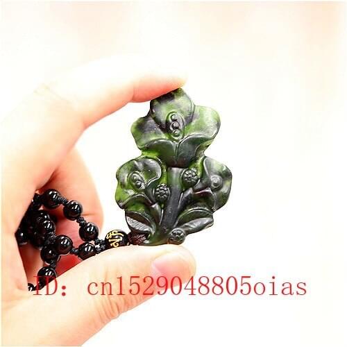 Natural Black Green Chinese Jade Flower Pendant Beads Necklace Charm Jewelry Obsidian Accessories Carved Amulet Gifts for Her