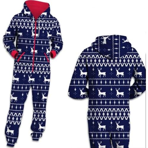 Christmas Blue Elk Print One Piece Jumpsuit Uunisex Jumpsuits Rompers Hooded With Pocket Playsuit Zipper Casual Streetwear