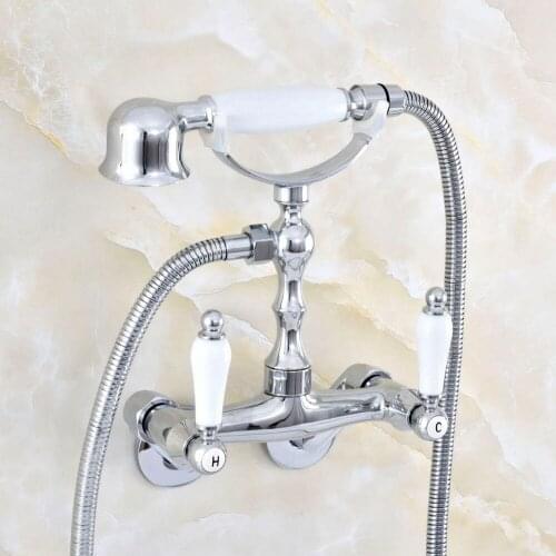 Contemporary Chrome Brass Adjusts From 3-3/8" Wall Mounted Bathtub Faucet with Handheld Shower Set +150CM Hose Mixer Tap 2qg414