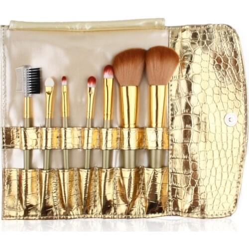High quality coffee pu bag 7pcs soft synthetic hair gold make up brush set