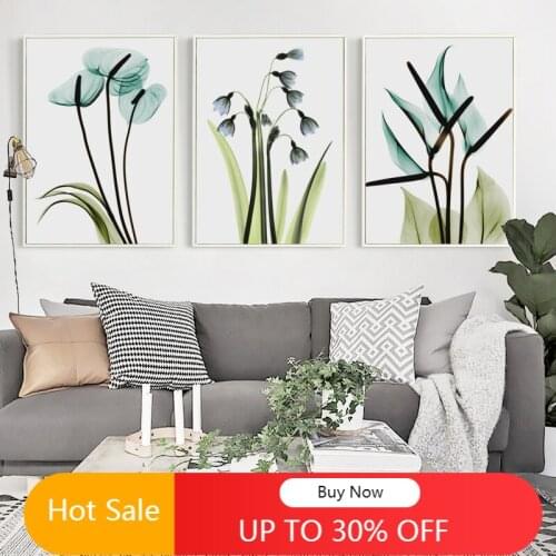 WTQ Elegant Poetry Modern Minimalist Blue Transparent Flowers Wall Art Canvas Painting Posters Picture Home Bedroom Decor