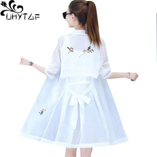UHYTGF Plus size jacket women fashion embroidery long sun protection clothing summer tops coats breathable Anti-UV thin coat 514