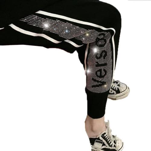 2020 European Side Stripe Rhinestones Woman Pants Harajuku Loose Letters Ice Silk Knitted Harlan Nine Points Casual Pants Women