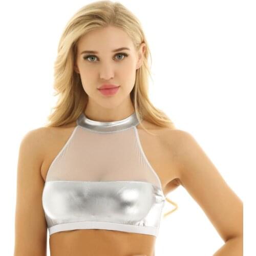 Women PU patent leather bright metal bra mesh stitching halter bra top Lace Hollow sexy vest
