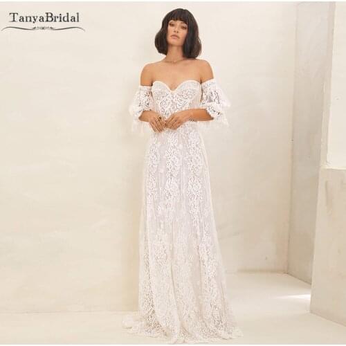 Sweetheart Lace Wedding Dresses Lantern Sleeve A Line Bridal Gowns Dreamy Boho Elegant Engagement Noivas DW504