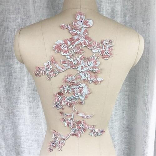 2Pcs Two-color Beaded Embroidery Lace Flower Patch Applique Fabric Childrens Dress diy Accessories 25X47cm BD0694