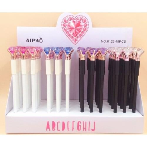 48pcs/lot 0.5mm black ink Crystal Diamond Head Painted Gel Pen water ink Roller ball pens office school girls favor stationery