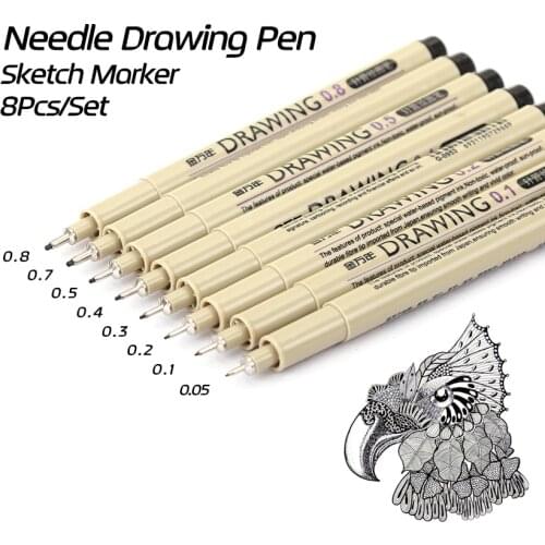 8Pcs/Lot Pigma Micron Sketch Marker Pen Black Pigment Liner Neelde Drawing Pen For Drawing Sketching Writing Hook Art Pen
