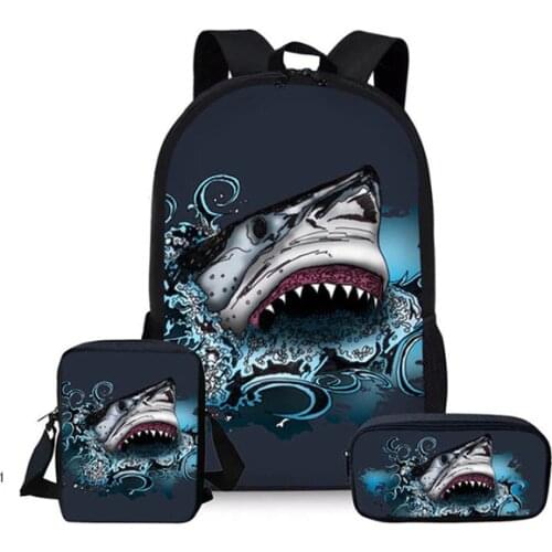 Great White Shark School Bags Set 3Pcs Kid Cool Underwater Animal Backpack Student Book Bag Child Crossbody Satchel