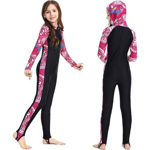 Kids Swimsuit Girl Boys Long Sleeve Front Zip UV Sun Protection Full Body Hood Rash Guard for Swimming Scuba Diving Snorkeling