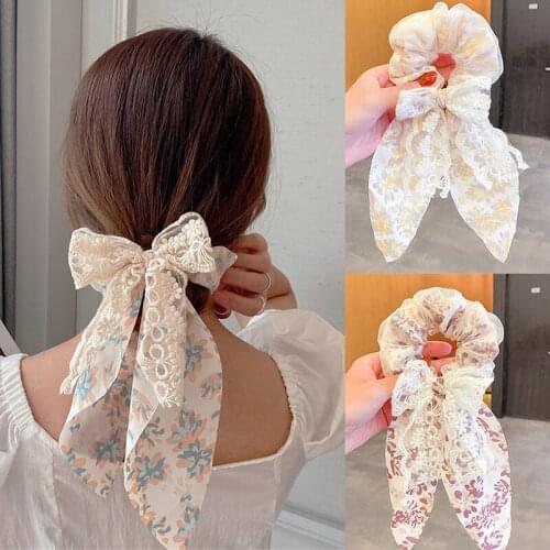 Elegant Printing Lace Bow Hair Scarf For Women Fashion Scrunchie Elastic Hair Bands Girl Ponytail Holder Tie Hair Ornaments 2021