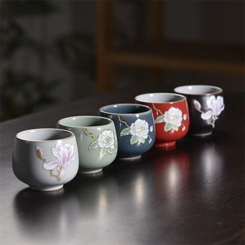 Ceramic Enamel Color Tea Cup Handmade Kung Fu Master Jingdezhen Large Magnolia Begonia Flower Retro Office Tea Set