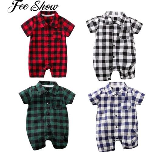 Newborn Infant Baby Girls Boys Formal Gentleman Classic Plaid Romper Short Sleeve Pocket Buttons One Pieces Jumpsuits for Boy
