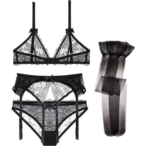 CYHWR sexy lace lingerie set wire free underwire multi-color matching bra+panties+garter+stockings 4 pcs