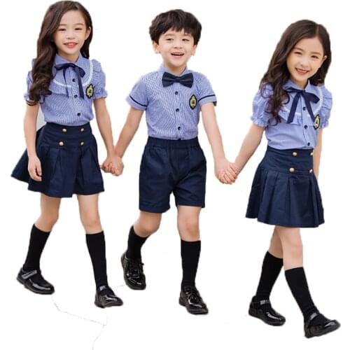 Boys Girls Kindergarten Summer School Uniform Clothes Sets Children College Style Short Sleeve Shirts Shorts 2pcs Clothing Set