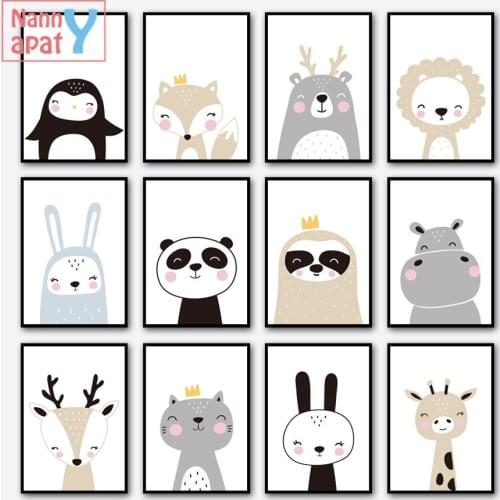 Cute Cartoon Little Animal Poster Lion Penguin Rabbit Fox Canvas Painting Modern Wall Decorative Pictures for Baby Kids Room