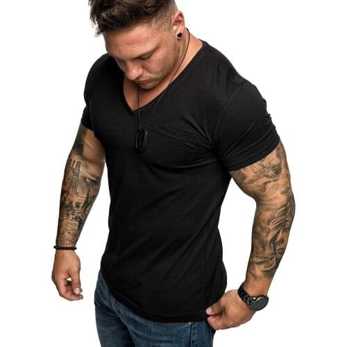 2020 New Arrival Solid Men T-shirt Casual V-neck Short Sleeve Male Tshirt Fashion Streetwear Mens Tees Dropshipping
