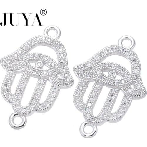 Wholesale Copper Zircon Jewelry Findings Accessories Lucky Evil Eye Hamsa Hand Charms Connectors For DIY Jewelry Making Craft