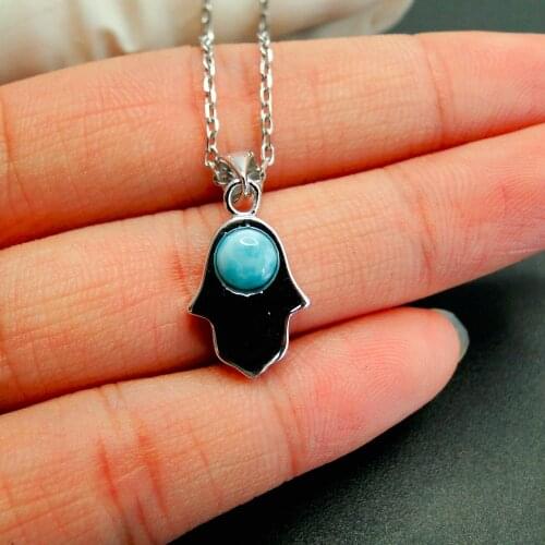 Hot Selling Dainty Jewelry Pure 925 Sterling Silver Natural Larimar Hamsa Hand Lucky Pendant Necklace For Gift