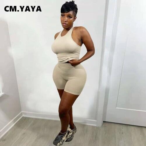 CM.YAYA Summer Sport Yoga Womens Set Fashion Tank Tops and Shorts Matching Two 2 Piece Set Tracksuit Active Outfits Sweatsuit