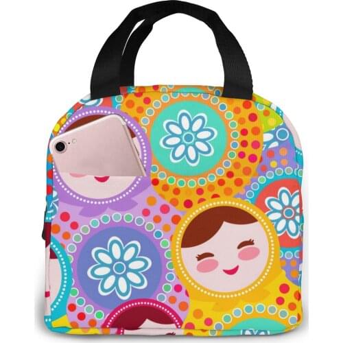 Insulated Thermal Russian Dolls Green Colors Tote Bags Cooler Picnic Food Lunch Box Bag For Kids Women Girls Men Children