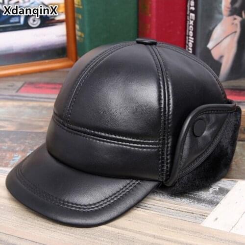XdanqinX New Winter Mens Genuine Leather Hat Sheepskin Warm Thick Velvet Baseball Caps With Ears Dads Earmuffs En Cuir Hats
