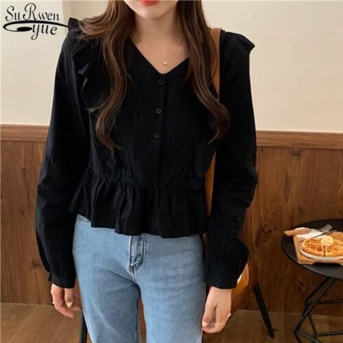 Korean Style Women Ruffle Stitching Long Sleeve Blouse Sweet and Cute V-neck Solid Button Shirt Blusas Mujer De Moda 2021 11666