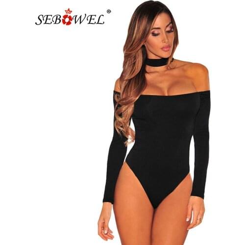 SEBOWEL Women Long Sleeves Choker Off Shoulder Bodysuit Female Stretchy Bodycon Tops Clothes Autumn Black/White Romper Jumpsuits