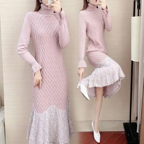 2021 Spring Autumn Women Dress Kintted Pullover Bodycon Long Sleeve Pink Lace Vestidos Womens Clothing 2021 Robe Hiver WPY2493