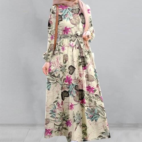 Women Vintage Floral Printed Maxi Dress Casual Fashion Muslim Dresses Female Long Sleeve Belted Robe Long Dress Musulman Vestido