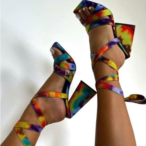 2021 Summer Women Pumps Lace Up Square Toe Ladies Heel Mules Sexy Square High Heels Sandals Female Kopmkp Fashion Woman Shoes