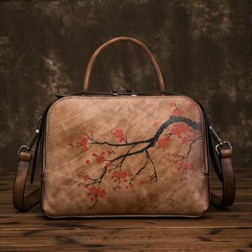 2021 Winter Retro Genuine Leather Handbag Women Bag Hand Painted Plum Flower Shoulder Bags Leisure Cowhide Lady Totes Sac A Main