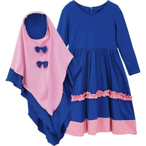Girls Abaya for Kids Muslim Dress Spring and Autumn Long Sleeve One-Piece Dress + Two-Piece Turban Bow Solid Dress Children New