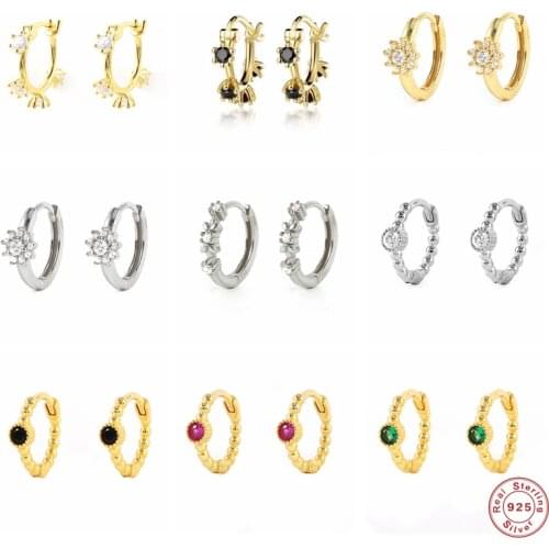 Aide 925 Sterling Silver Black White Zircon CZ Flower Beads Hoop Earrings For Women Gift Luxury 8/9/10mm Circle Huggie Earrings