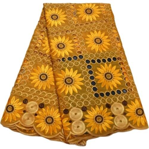 Free Shipping gold yellow hand cut DIY high quality wedding lace African Fabric 5 Yards embroidered Swiss Voile Lace-N88157