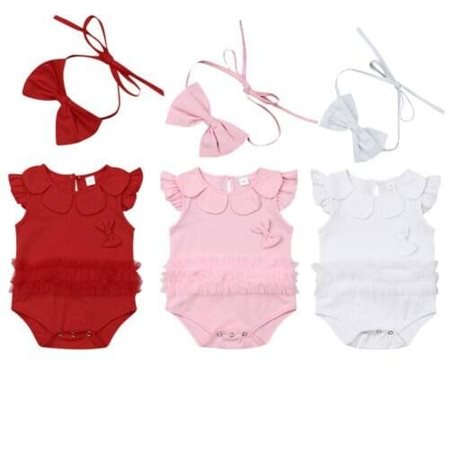 Newborn Toddler Kids Baby Girls Cotton Ruffle Lace Bowknot Sleeveless Bodysuit Playsuit Summer Outfit Baby Casual Clothes 0-24M