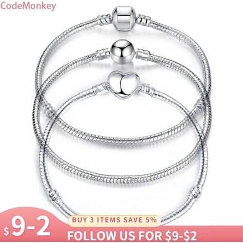 17-21cm Silver Color Love Snake Chain Bracelet Fit Original Design Beads Charm DIY Bead Bangles Jewelry Making Fashion Gift