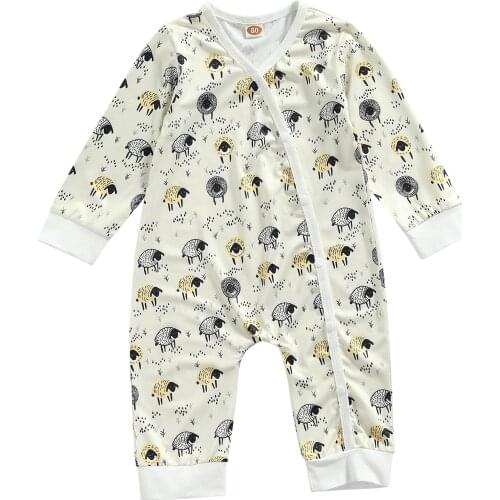 Newborn Sheep Print Romper, Baby Girls Boys Casual Style Long Sleeve Round Neck Jumpsuit