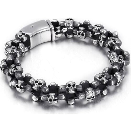 Jewels Store High Quality Vintage Gothic Skull Bracelet Mens Stainless Steel Glossy Skull Charm Chain Punk Jewelry For Man
