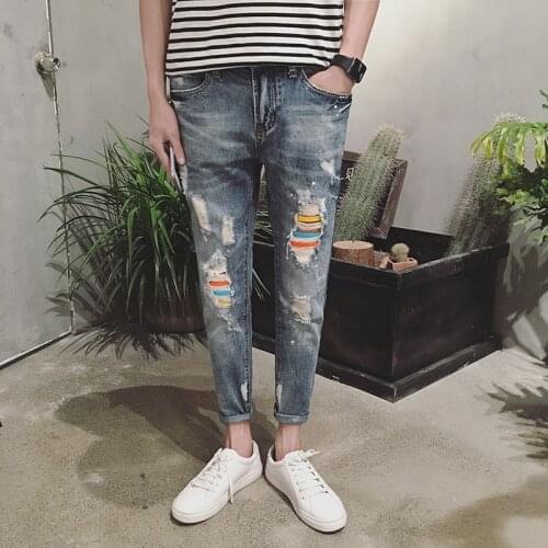 Hong Kong style 2020 jeans mens ankle length pants couple Japanese ripped loose hole pants teenagers male students harem pants