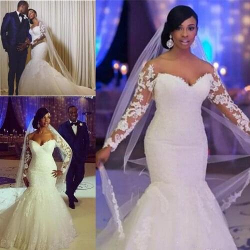 Elegant African Off-Shoulder Mermaid Wedding Dresses Long Sleeves Lace Appliques Backless Wedding Gowns Plus Size Custom Made
