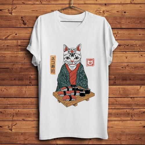 Japan traditional style Neko Sushi anime t-shirt homme summer short t shirt men white vintage casual tshirt unisex streetwear